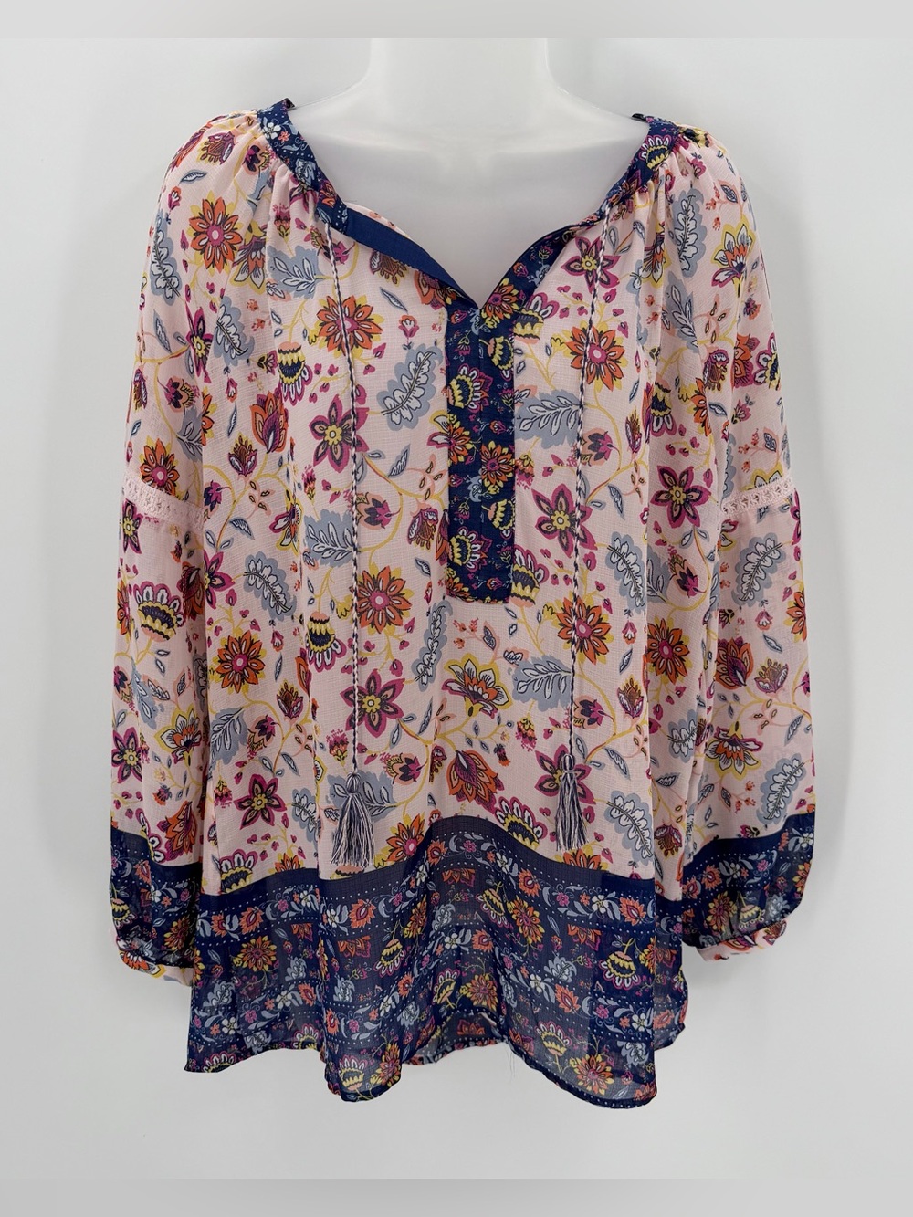 Vintage America Blouse Womens L Floral Pink Blue Flowy Hippie Top Peasant